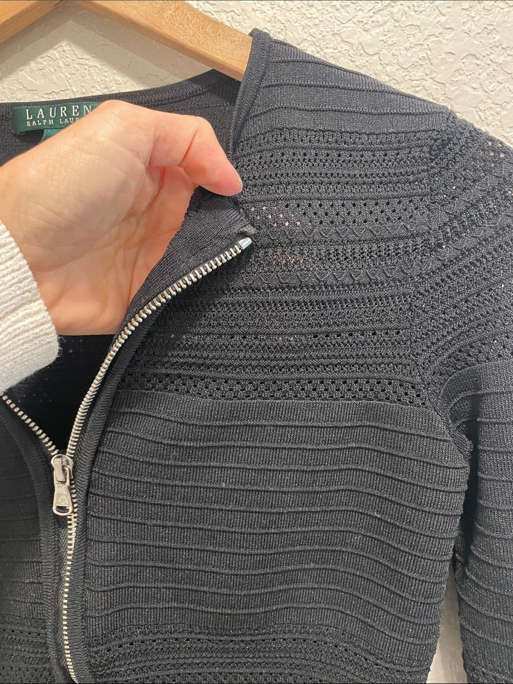 Lauren Ralph Lauren Black Ribbed Zip Front Cardigan Sweater Size Small - Picture 3 of 5